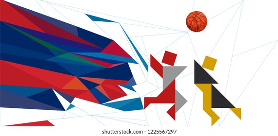Tangram Basketball Players in a Red, Blue and White Fractal Background