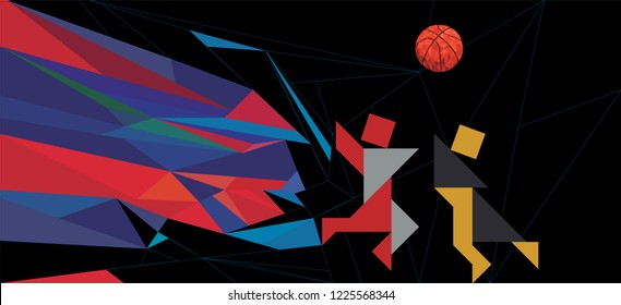 Tangram Basketball Players in a Red, Blue and Black Fractal Background