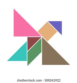 Tangram bird, abstract geometric art. Traditional Chinese transformation puzzle tangram, board game for kids. Bird made of tangram pieces, geometric shapes: triangle square parallelogram. Vector esp 8