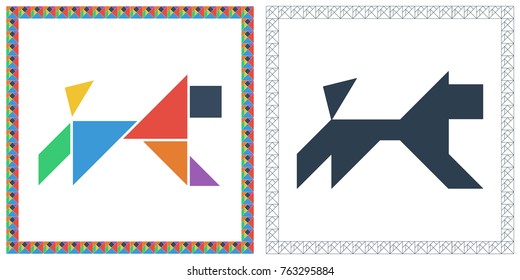 Tangram brain game dog riddle and answer flat color vector illustration
