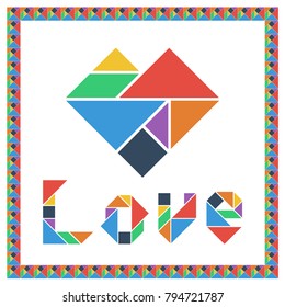 Tangram brain game HEART with text LOVE flat UI color Happy Valentine's Day vector illustration