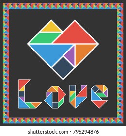 Tangram brain game HEART with text LOVE flat UI color isolated on dark background. Happy Valentine's Day vector illustration