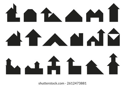 Tangram building black silhouette. Geometric puzzle, simple shapes, brain development game, houses transformation, squares and triangles, kids education, jigsaw isolated objects qualitative vector set