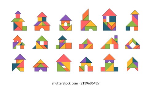 Tangram buildings. Geometrical jigsaw for kids logical puzzles houses from triangles garish vector colored templates