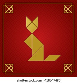 Tangram cat sitting, pet. Traditional Chinese tilling puzzle tangram solution card, transformation puzzle, intellectual game for kids and adults, education through play concept. Vector illustration