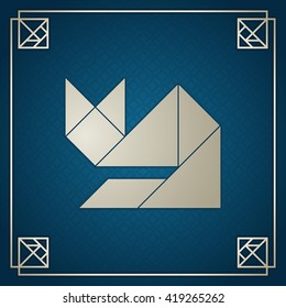 Tangram cat sitting. Traditional Chinese tiling puzzle tangram solution card, geometric shapes, intellectual board game for kids and adults, education through play concept. Silver tangram. Vector