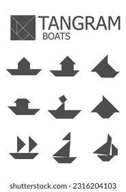 Tangram children brain game cutting transformation puzzle vector set. Set of vector tangram puzzles (geometric puzzle) for the development of logical thinking of children and adults. 