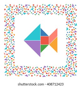 Tangram, Chinese dissection puzzle game. Fish made of seven tiling pieces - geometric shapes: triangles, square, parallelogram. Colorful frame. Vector