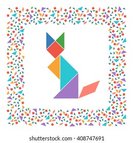 Tangram, Chinese dissection puzzle game. Silhouette of sitting cat made of seven tiling pieces - geometric shapes: triangles, square, parallelogram. Colorful frame. Vector illustration