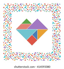 Tangram, Chinese dissection puzzle game. Heart made of seven tiling pieces - geometric shapes: triangles, square, parallelogram. Colorful frame. Vector illustration