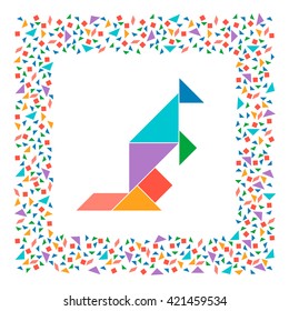 Tangram, Chinese dissection puzzle game. Silhouette of kangaroo made of seven tiling pieces - geometric shapes: triangles, square, parallelogram. Colorful frame. Vector illustration