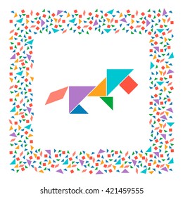 Tangram, Chinese dissection puzzle game. Silhouette of lion made of seven tiling pieces - geometric shapes: triangles, square, parallelogram. Colorful frame. Vector illustration