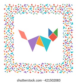 Tangram, Chinese dissection puzzle game. Silhouette of cat made of seven tiling pieces - geometric shapes: triangles, square, parallelogram. Colorful frame. Vector illustration