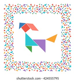 Tangram, Chinese dissection puzzle game. Silhouette of dog made of seven tiling pieces - geometric shapes: triangles, square, parallelogram. Colorful frame. Vector illustration