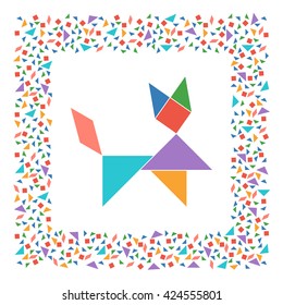 Tangram, Chinese dissection puzzle game. Silhouette of cat made of seven tiling pieces - geometric shapes: triangles, square, parallelogram. Colorful frame. Vector illustration