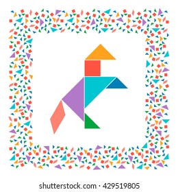 Tangram, Chinese dissection puzzle game. Silhouette of horse made of seven tiling pieces - geometric shapes: triangles, square, parallelogram. Colorful frame. Vector illustration