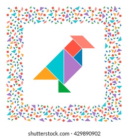 Tangram, Chinese dissection puzzle game. Silhouette of raven made of seven tiling pieces - geometric shapes: triangles, square, parallelogram. Colorful frame. Vector illustration