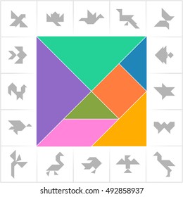 Tangram, Chinese dissection puzzle. Set of cards for kids board game. Bird, flower, butterfly, fish, star made of seven elements (tans) - geometric shapes: triangles, square, parallelogram. Vector
