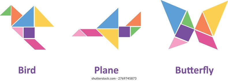 Tangram flying elements with bird airplane and butterfly