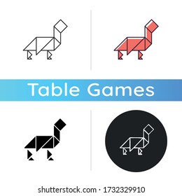 Tangram icon. Traditional dissection puzzle, ancient chinese tabletop game. Linear black and RGB color styles. Antique asian logic game. Simple animal shape isolated vector illustrations