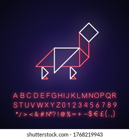 Tangram neon light icon. Outer glowing effect. Dissection puzzle, ancient chinese tabletop game sign with alphabet, numbers and symbols. Simple animal shape vector isolated RGB color illustration
