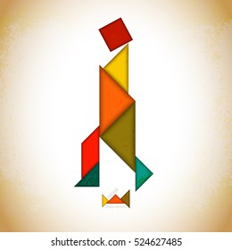 Tangram people,l made of tangram pieces, geometric shapes. Traditional Chinese puzzle tangram solution card, learning game for kids, children. Abstract geometric art