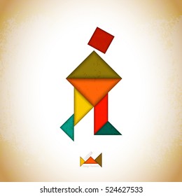 Tangram people,l made of tangram pieces, geometric shapes. Traditional Chinese puzzle tangram solution card, learning game for kids, children. Abstract geometric art