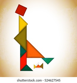 Tangram people,l made of tangram pieces, geometric shapes. Traditional Chinese puzzle tangram solution card, learning game for kids, children. Abstract geometric art