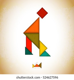 Tangram people,l made of tangram pieces, geometric shapes. Traditional Chinese puzzle tangram solution card, learning game for kids, children. Abstract geometric art