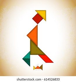Tangram people,l made of tangram pieces, geometric shapes. Traditional Chinese puzzle tangram solution card, learning game for kids, children. Abstract geometric art
