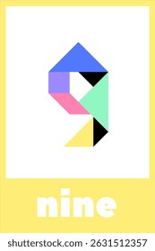 Tangram puzzle for children. Colorful geometric design featuring the number nine with vibrant shapes on a simple background.Educational card for kids.