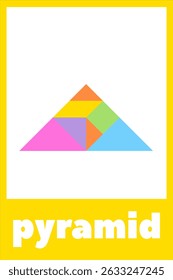 Tangram puzzle for children. Educational card for kids on a white background. Colorful geometric pyramid design with vibrant triangles on a yellow background in a modern art style. 