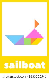 Tangram puzzle for children. Educational card for kids on a white background. Colorful sailboat made from geometric shapes on a bright background. 