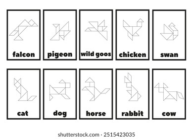 Tangram puzzle for children. Tangram line icons isolated. A set of educational tangram cards with animals and birds. Black and white geometric collection.