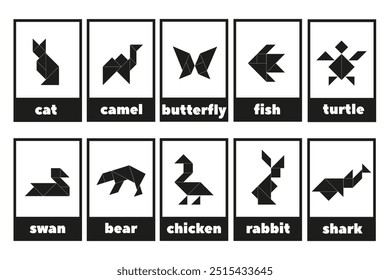 Quebra-cabeça Tangram para crianças. Ícones da linha Tangram isolados. Um conjunto de cartões tangram educativos com 
animais. Coleção geométrica em preto e branco.
