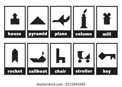 Quebra-cabeça Tangram para crianças. Ícones da linha Tangram isolados. Um conjunto de cartões tangram educativos com 
objetos. Coleção geométrica em preto e branco.
