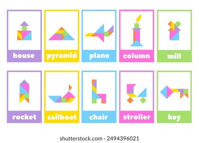 Rompecabezas de Tangram para niños. Un conjunto de tarjetas de tangram educativas con objetos. Colección geométrica colorida con objetos aislados. Varios iconos sobre un fondo blanco. Ilustración vectorial.