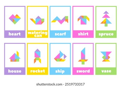 Tangram puzzle for children. A set of educational tangram cards with objects. Colorful geometric collection with isolated objects. Various icons on a white background. Vector illustration.