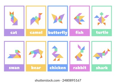 Rompecabezas de tangram para niños.Un conjunto de tarjetas educativas de animales de tangram y aves.colección geométrica colorida con objetos aislados.Varios iconos sobre un fondo blanco.Ilustración vectorial.