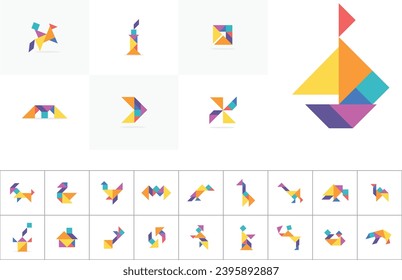 Tangram puzzle creatives pieces vector, Tangram children brain game cutting transformation puzzle vector set.