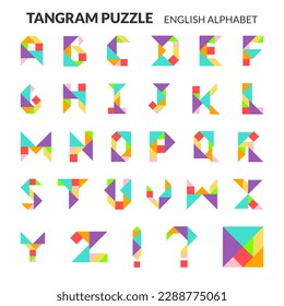 Tangram puzzle game. English alphabet vector set.