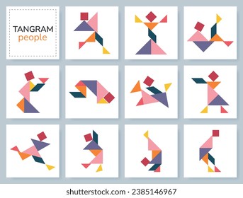 Tangram puzzle game for kids. Colorful geometric collection with isolated people in various poses. isolated Tangram people icons on white backdrop. Vector illustration