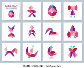 Tangram puzzle game for kids. Colorful geometric collection with isolated objects. Columbus Egg. Various icons on white backdrop. Vector illustration