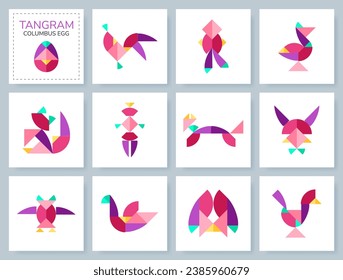 Tangram puzzle game for kids. Colorful geometric collection with isolated objects, people, birds, animals. Columbus Egg. Various icons on white backdrop. Vector illustration