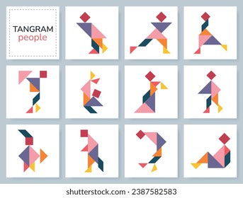 Tangram puzzle game for kids. Colorful geometric collection with isolated people in various poses. isolated Tangram people icons on white backdrop. Vector illustration