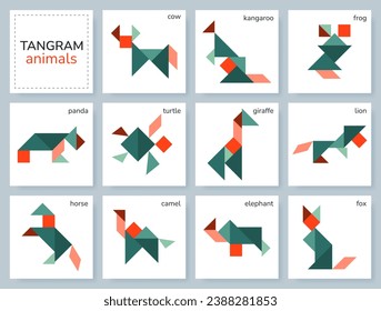 Tangram puzzle game for kids. Colorful geometric collection with isolated animals. Tangram various icons on white backdrop. Vector illustration