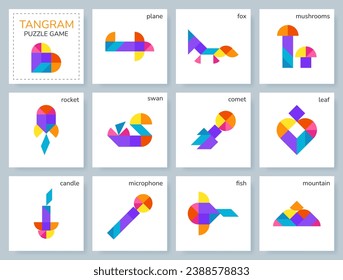 Tangram puzzle game for kids. Colorful geometric collection with isolated objects, animals, transport, birds. Tangram Leaf. Various icons on white backdrop. Vector illustration