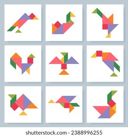 Tangram puzzle game for kids. Colorful geometric collection with isolated birds. Tangram various icons on white backdrop. Vector illustration