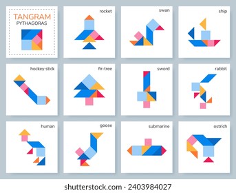 Tangram puzzle game for kids. Colorful geometric collection with isolated objects. Pythagoras. Various icons on white backdrop. Vector illustrations.