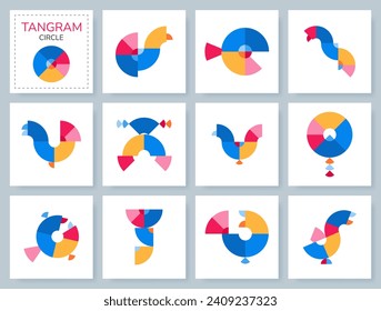 Tangram Puzzle Game für Kinder. Farbige geometrische Kollektion mit isolierten Objekten, Tieren, Vögeln. Tangram Circle. Verschiedene Symbole auf weißem Hintergrund. Vektorgrafik